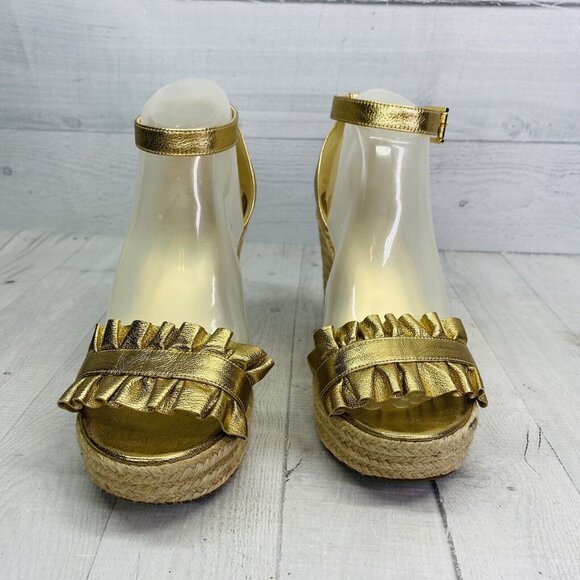 Michael Kors BELLA Gold Metallic Leather Ruffle Jute Platforms Sandals Sz 9 M 39 - Picture 4 of 12